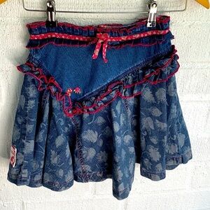 Oilily Denim Ruffle Embroidered Mushroom Bow Floral Skirt sz 8 year Old